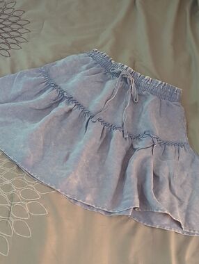 Zenana Outfitters Washed Light Blue Tiered Drawstring Mini Skirt
